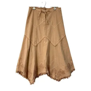 Gretty Zueger Tan Fringe Embroidered Midi Skirt Bohemian Womens Size Small