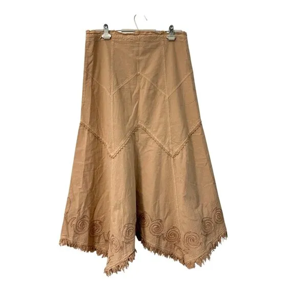 Gretty Zueger Tan Fringe Embroidered Midi Skirt Bohemian Womens Size Small