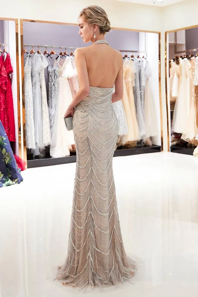 Halter Sheath Beading Champagne Long Evening Dress with Open Back