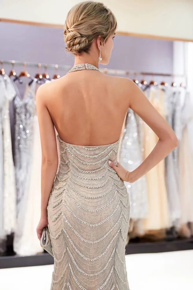 Halter Sheath Beading Champagne Long Evening Dress with Open Back
