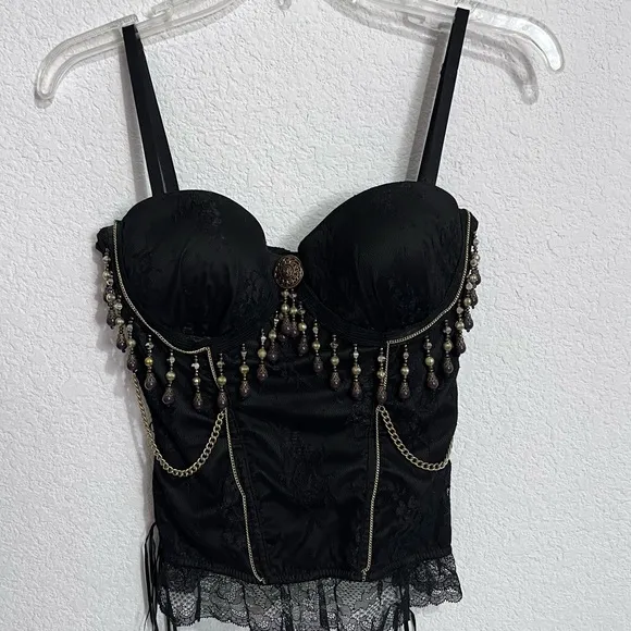 Handcrafted Boutique Festival Black Lace Bustier Padded Underwire Antique Brass