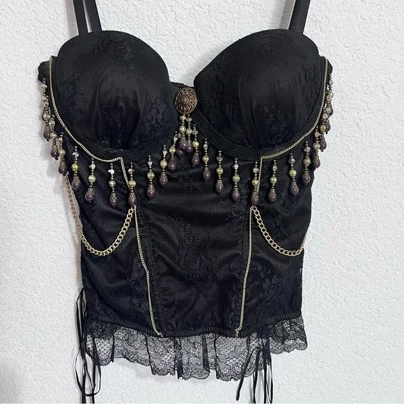 Handcrafted Boutique Festival Black Lace Bustier Padded Underwire Antique Brass