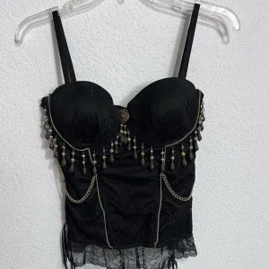 Handcrafted Boutique Festival Black Lace Bustier Padded Underwire Antique Brass