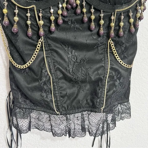 Handcrafted Boutique Festival Black Lace Bustier Padded Underwire Antique Brass