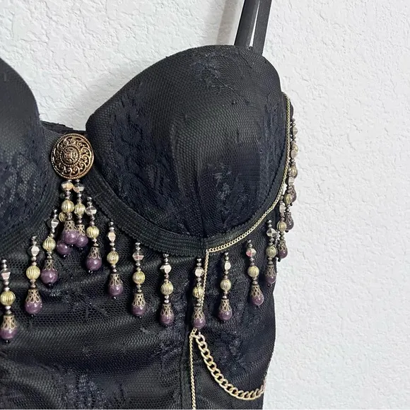 Handcrafted Boutique Festival Black Lace Bustier Padded Underwire Antique Brass