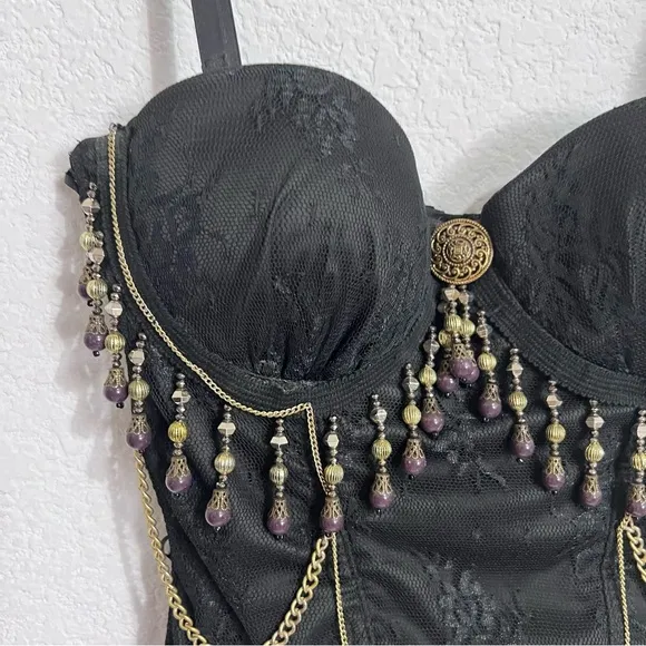 Handcrafted Boutique Festival Black Lace Bustier Padded Underwire Antique Brass