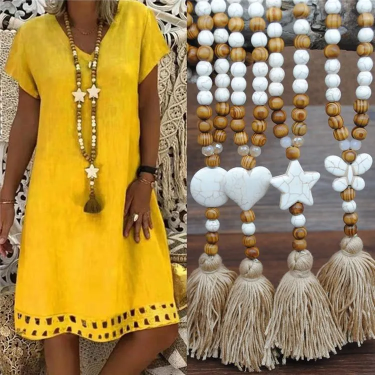 Handmade Wooden Beads Long Necklace & Pendant - Butterfly Shape with Red Tassel