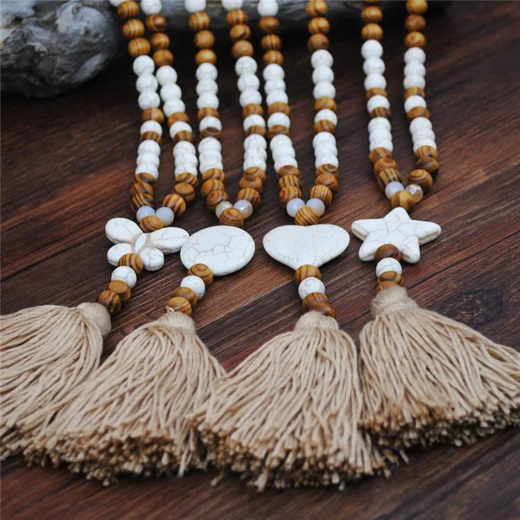 Handmade Wooden Beads Long Necklace & Pendant - Round Shape with Brown Tassel