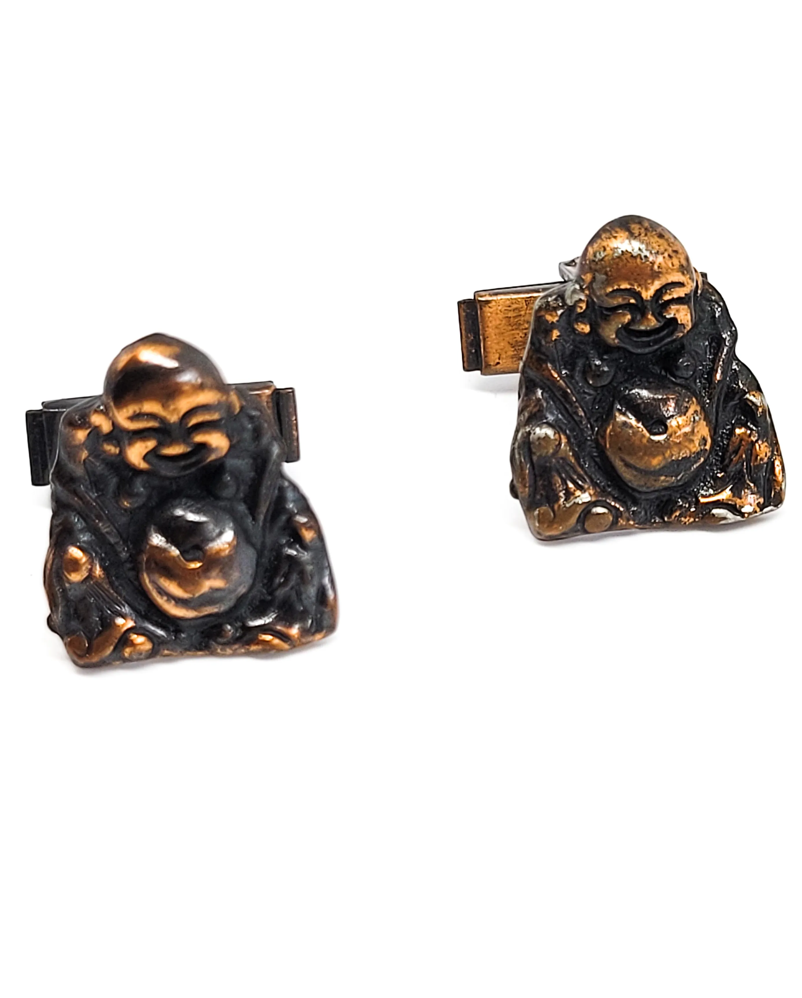 Happy Laughing Buddha good luck abundance vintage antique brass toned cufflinks manifestation