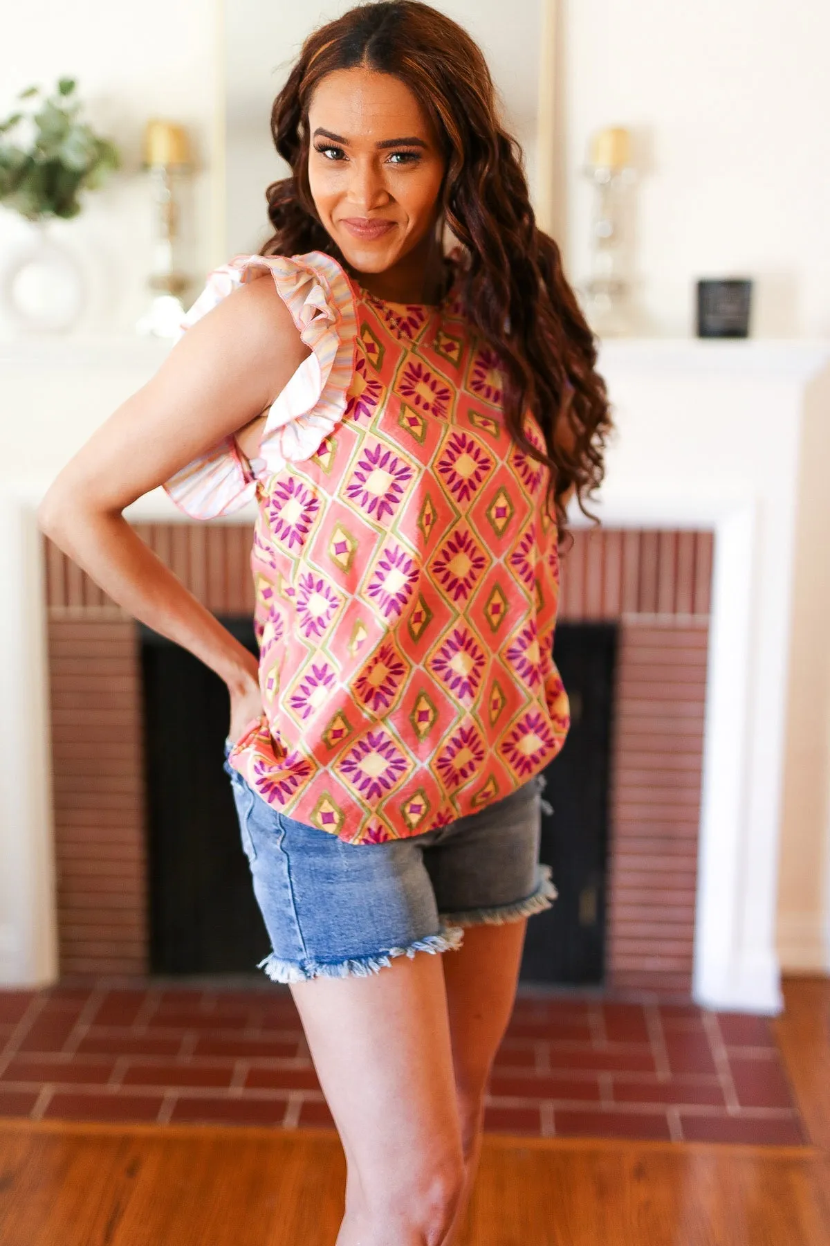 Haptics Seize The Day Peach Boho Print Frill Sleeve Keyhole Back Top