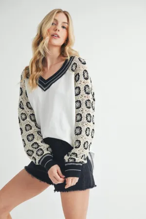 Hazel Blues® |  Aemi Co Crochet Contrast Stitching V Neck Top