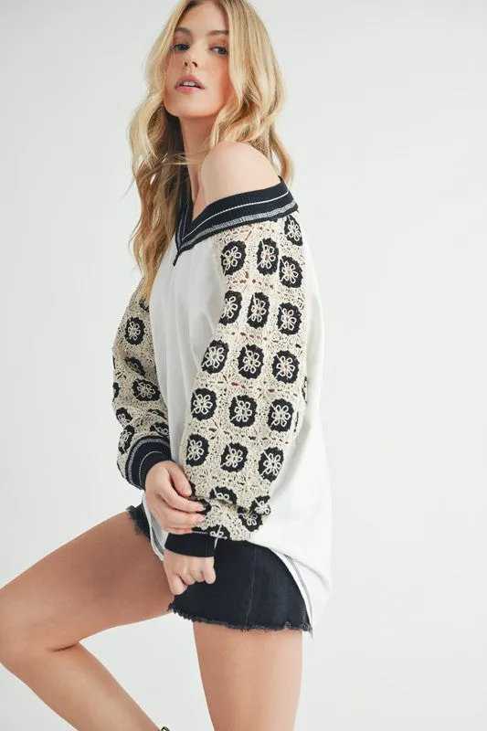 Hazel Blues® |  Aemi Co Crochet Contrast Stitching V Neck Top