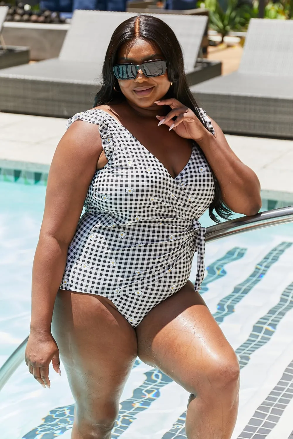 Hazel Blues® | Float On Ruffle Faux Wrap One-Piece in Black: Adult