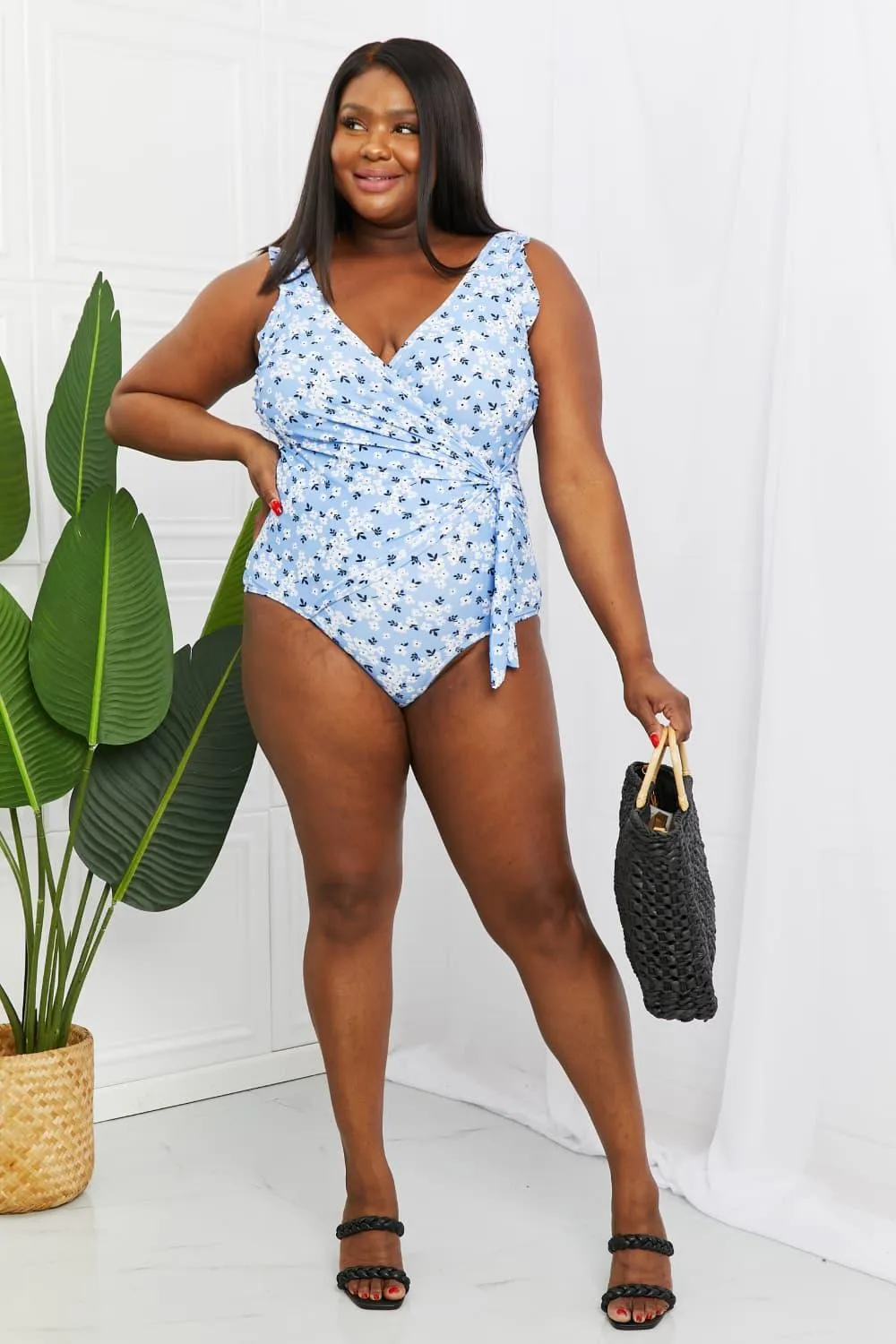 Hazel Blues® |  Float On Ruffle Faux Wrap One-Piece in Blossom Blue