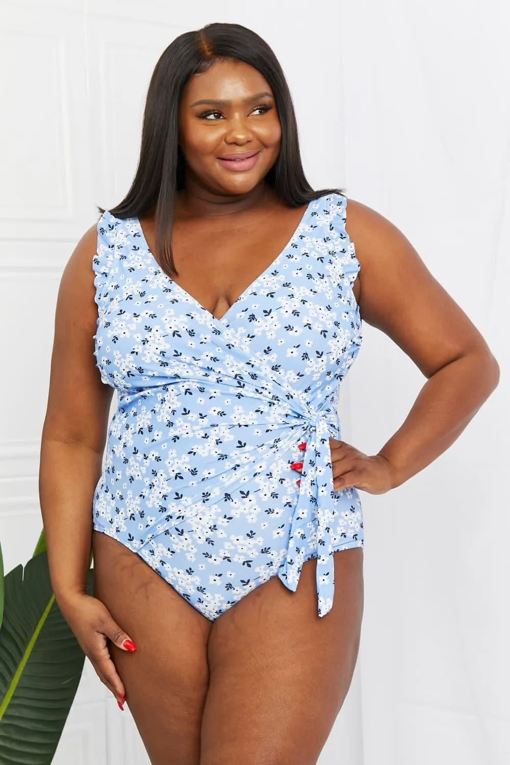 Hazel Blues® |  Float On Ruffle Faux Wrap One-Piece in Blossom Blue