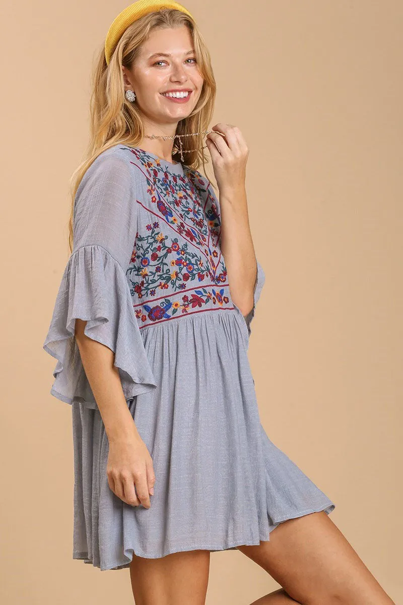 Hazel Blues® | Umgee Floral Embroidered 3/4 Bell Sleeve Keyhole Dress