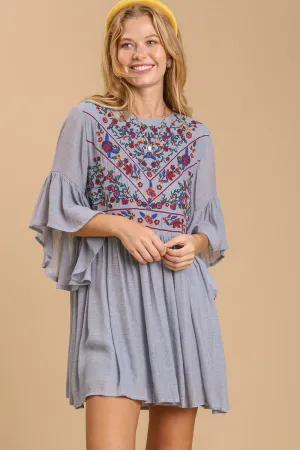 Hazel Blues® | Umgee Floral Embroidered 3/4 Bell Sleeve Keyhole Dress