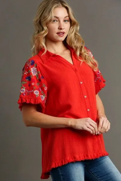 Hazel Blues® | Umgee Linen Shirt with Embroidered Sleeves