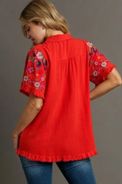 Hazel Blues® | Umgee Linen Shirt with Embroidered Sleeves