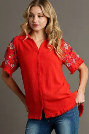 Hazel Blues® | Umgee Linen Shirt with Embroidered Sleeves