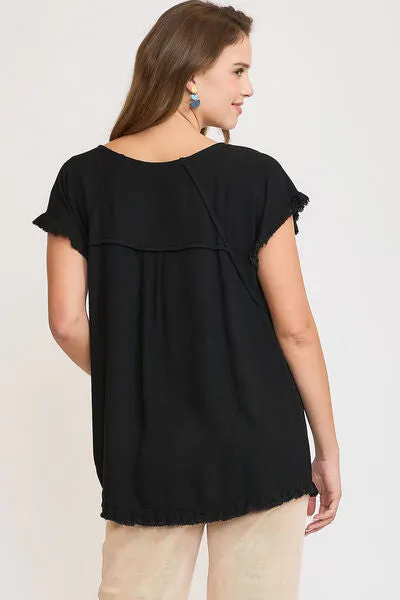 Hazel Blues® | Umgee Seam Detail Linen Ruffle Fringe Edge Top