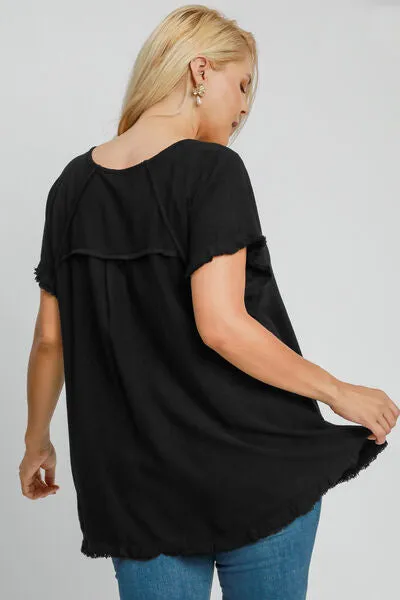 Hazel Blues® | Umgee Seam Detail Linen Ruffle Fringe Edge Top