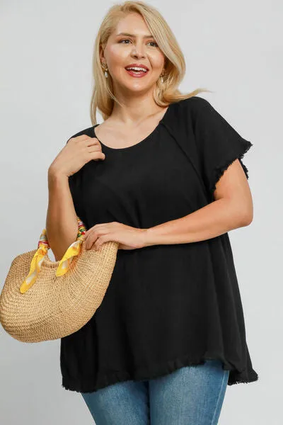 Hazel Blues® | Umgee Seam Detail Linen Ruffle Fringe Edge Top
