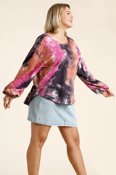 Hazel Blues® | Umgee Tie Dye Round Neck Long Balloon Sleeve Top