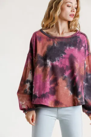 Hazel Blues® | Umgee Tie Dye Round Neck Long Balloon Sleeve Top