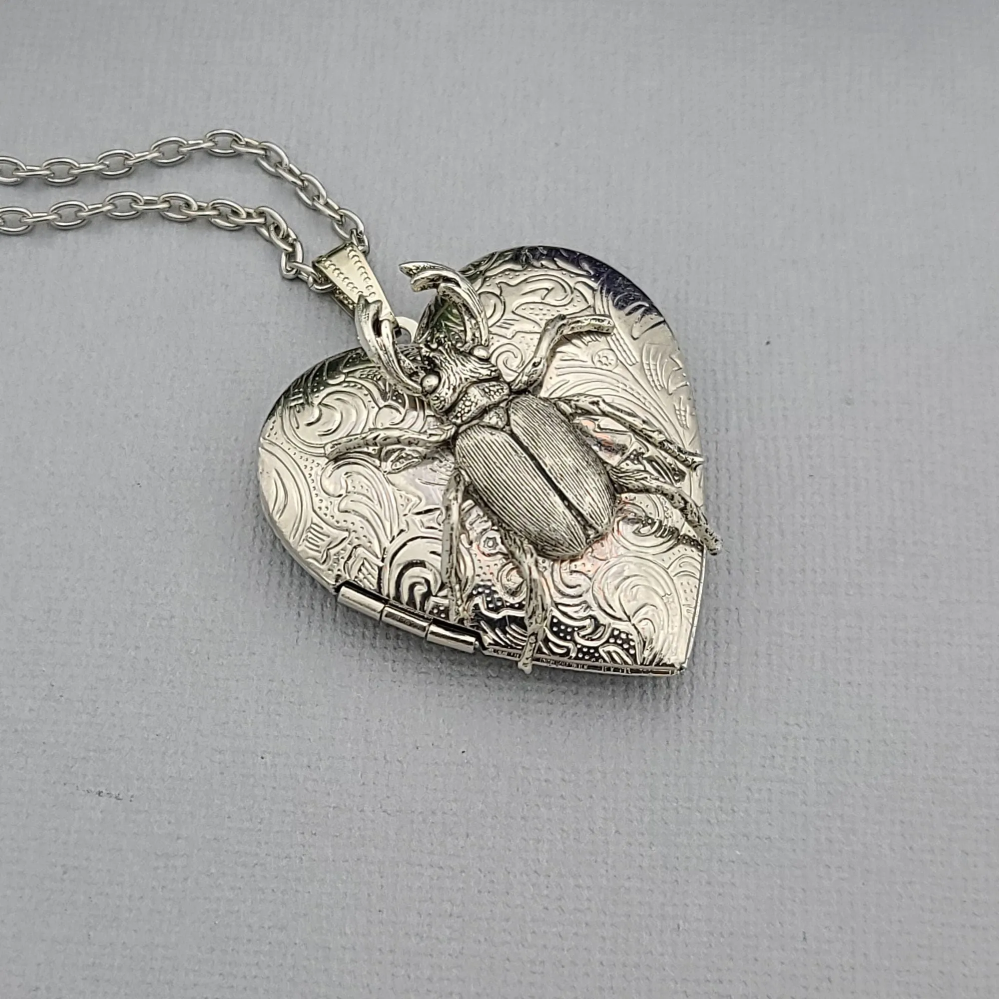 Heart Silver Beetle Keepsake Photo Locket Vintage Jewelry Gift for Her Locket Necklace .