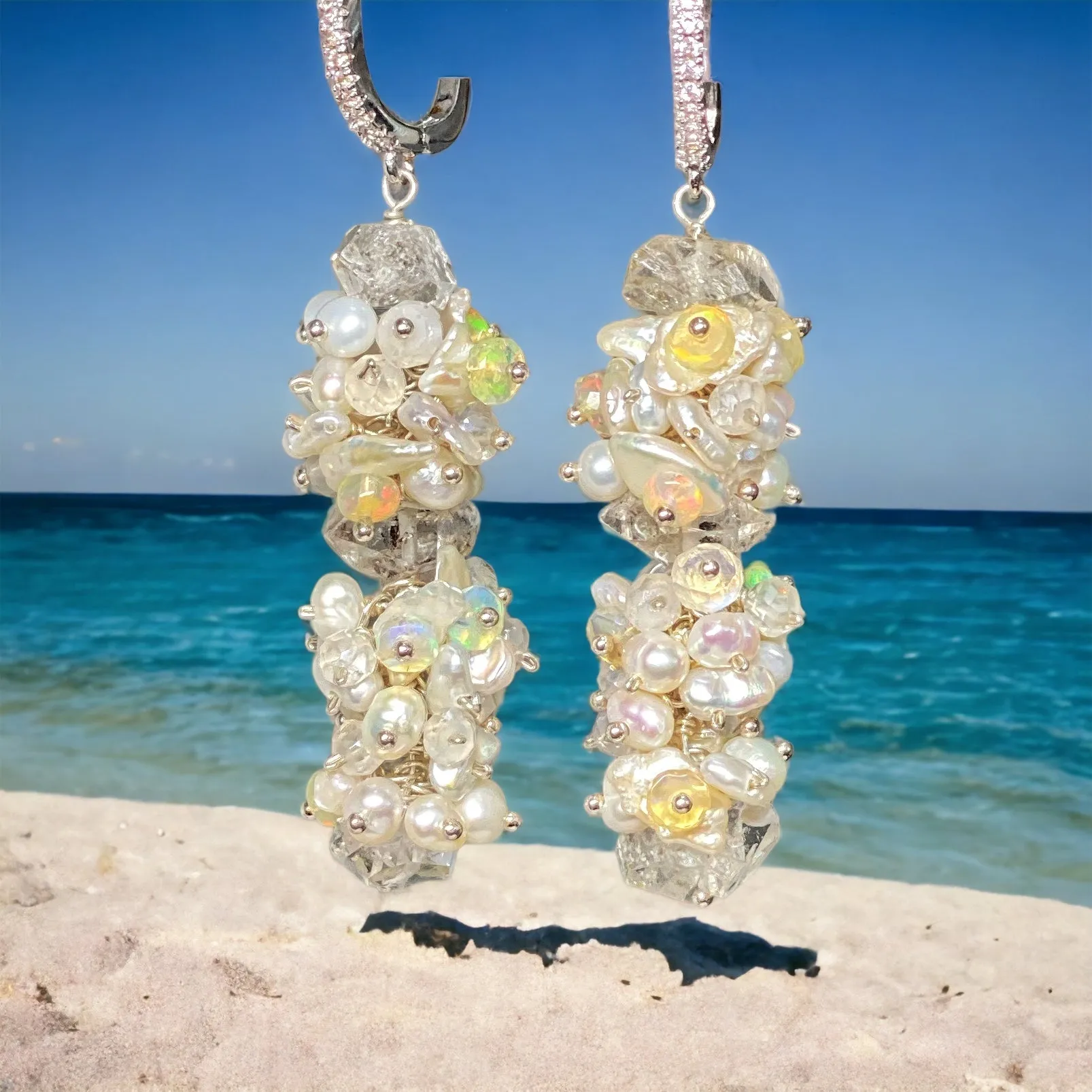 Herkimer Diamond Welo Ethiopian Opal Cluster Earrings Sterling Silver