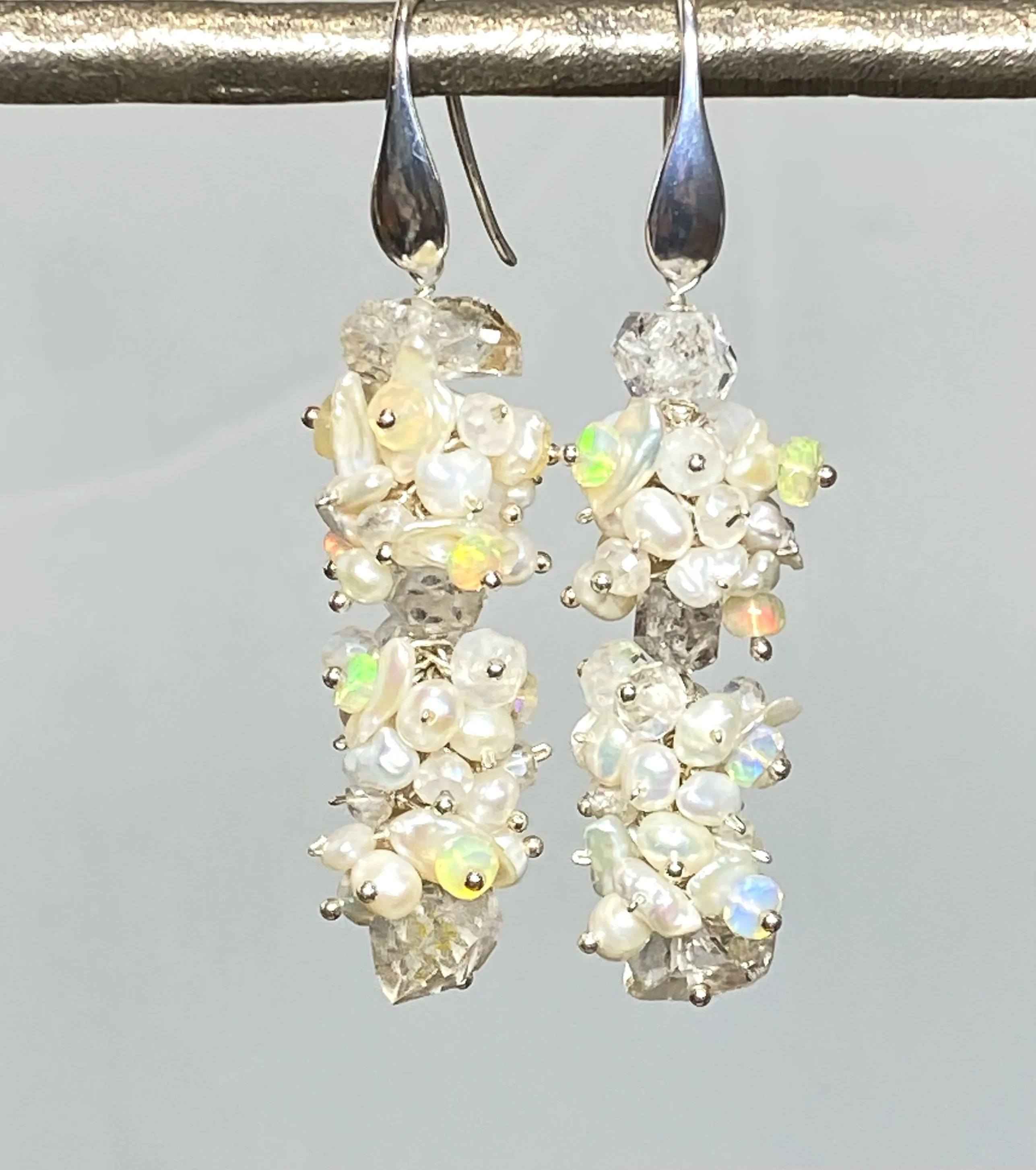 Herkimer Diamond Welo Ethiopian Opal Cluster Earrings Sterling Silver