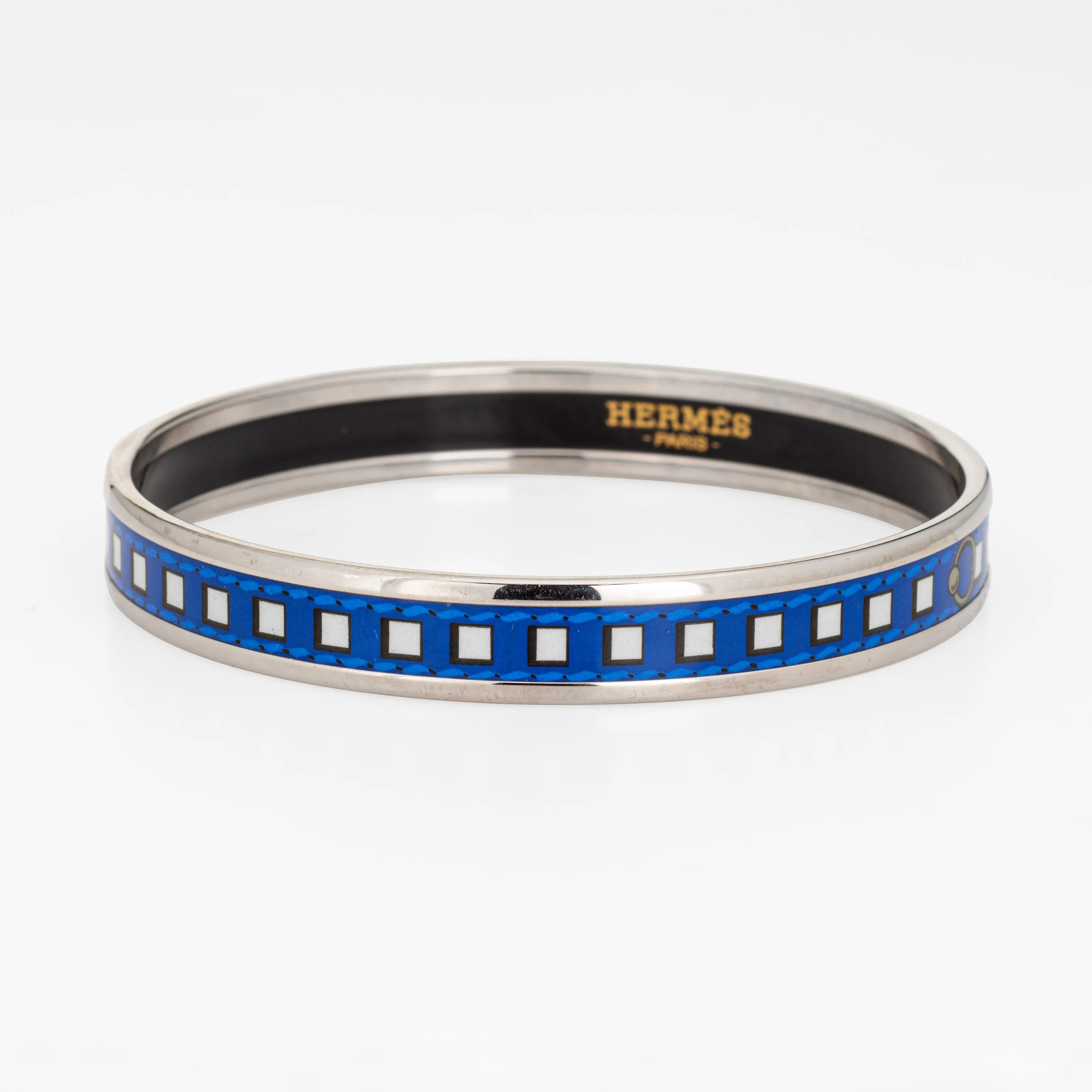 Hermes Enamel Bangle Bracelet Blue Square Belt Motif Narrow 65 Size Small