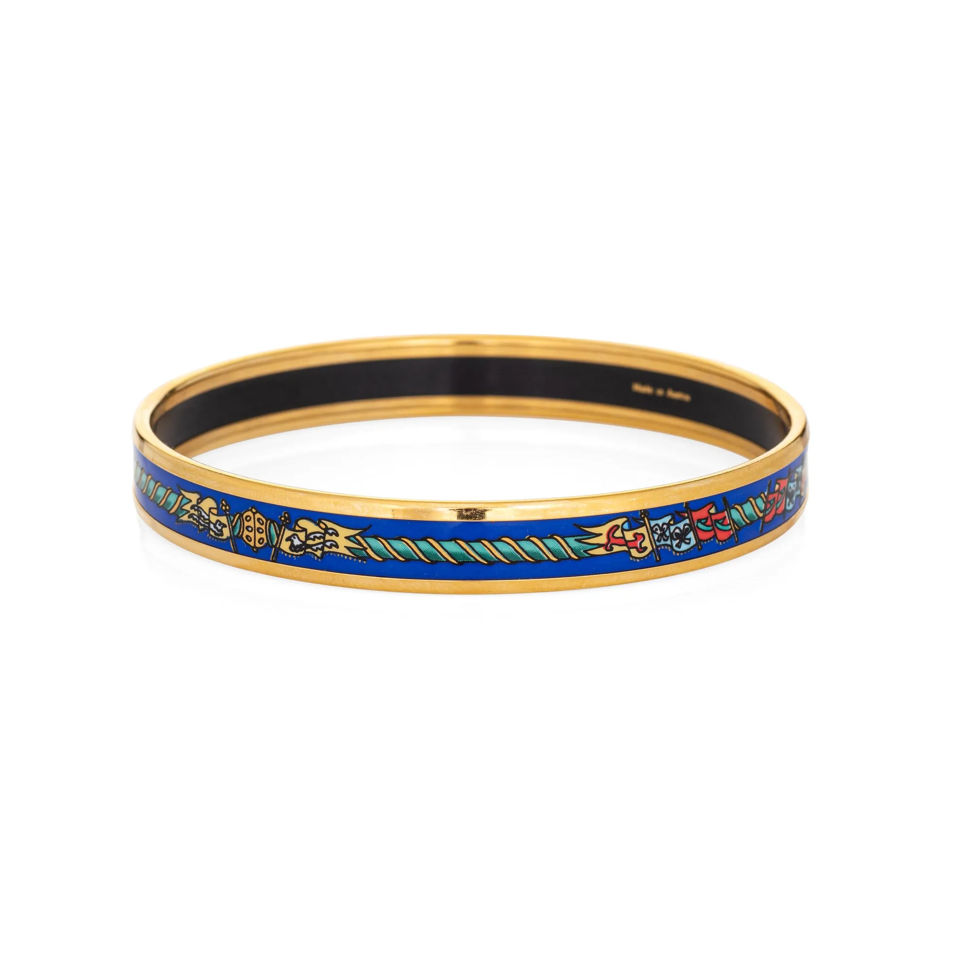Hermes Enamel Bangle Bracelet Narrow 65 GM Flags Royal Blue Print 1990s