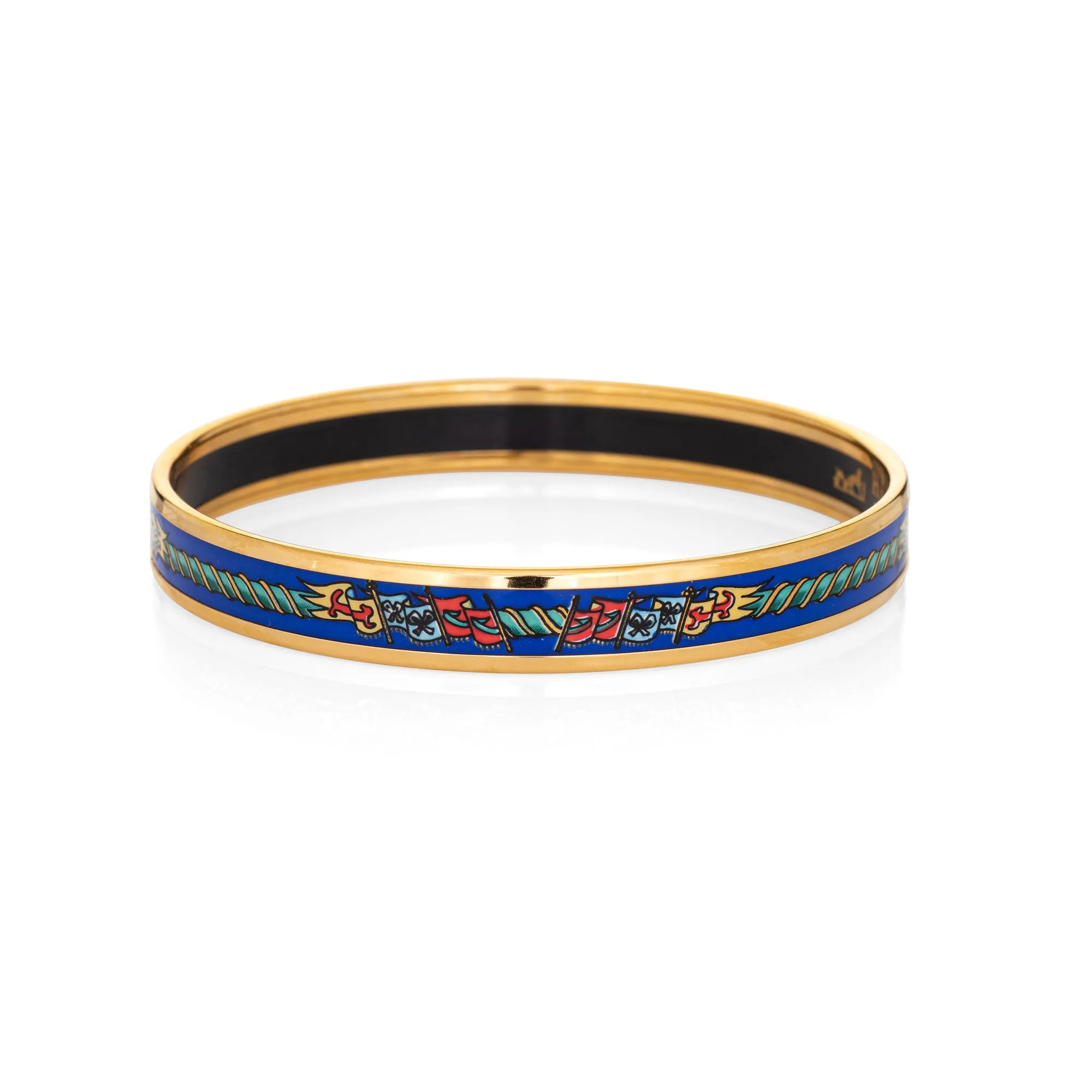Hermes Enamel Bangle Bracelet Narrow 65 GM Flags Royal Blue Print 1990s
