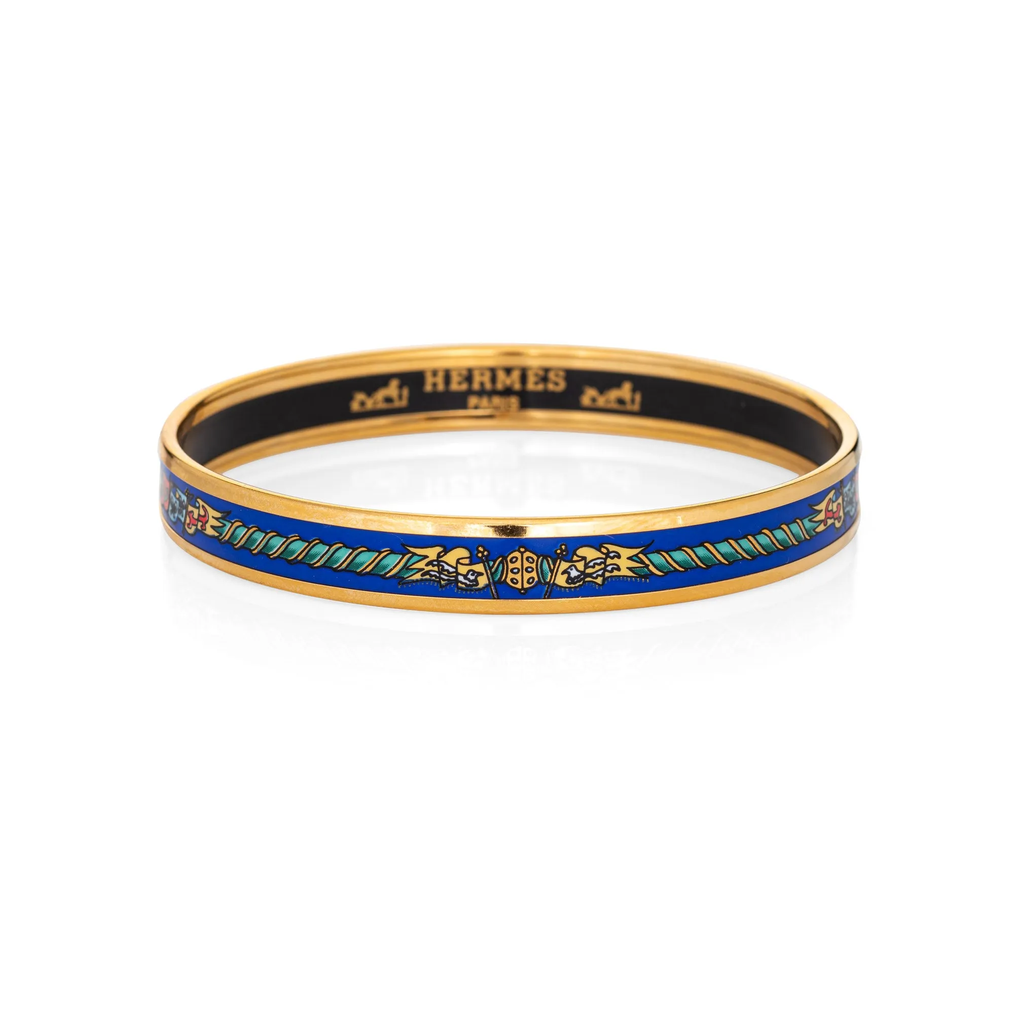 Hermes Enamel Bangle Bracelet Narrow 65 GM Flags Royal Blue Print 1990s