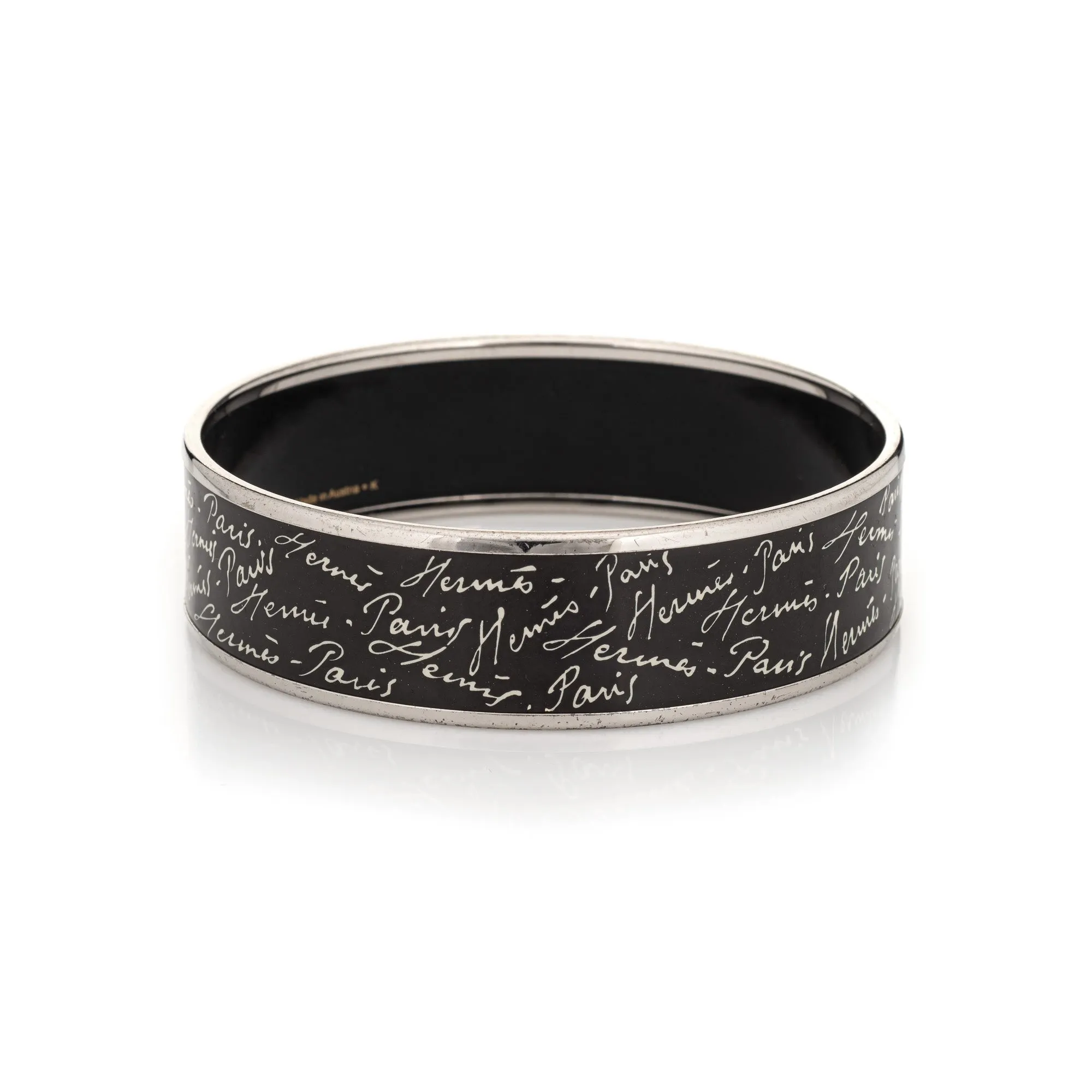 Hermes Enamel Bangle Bracelet Wide 65 PM Black White Script Paris