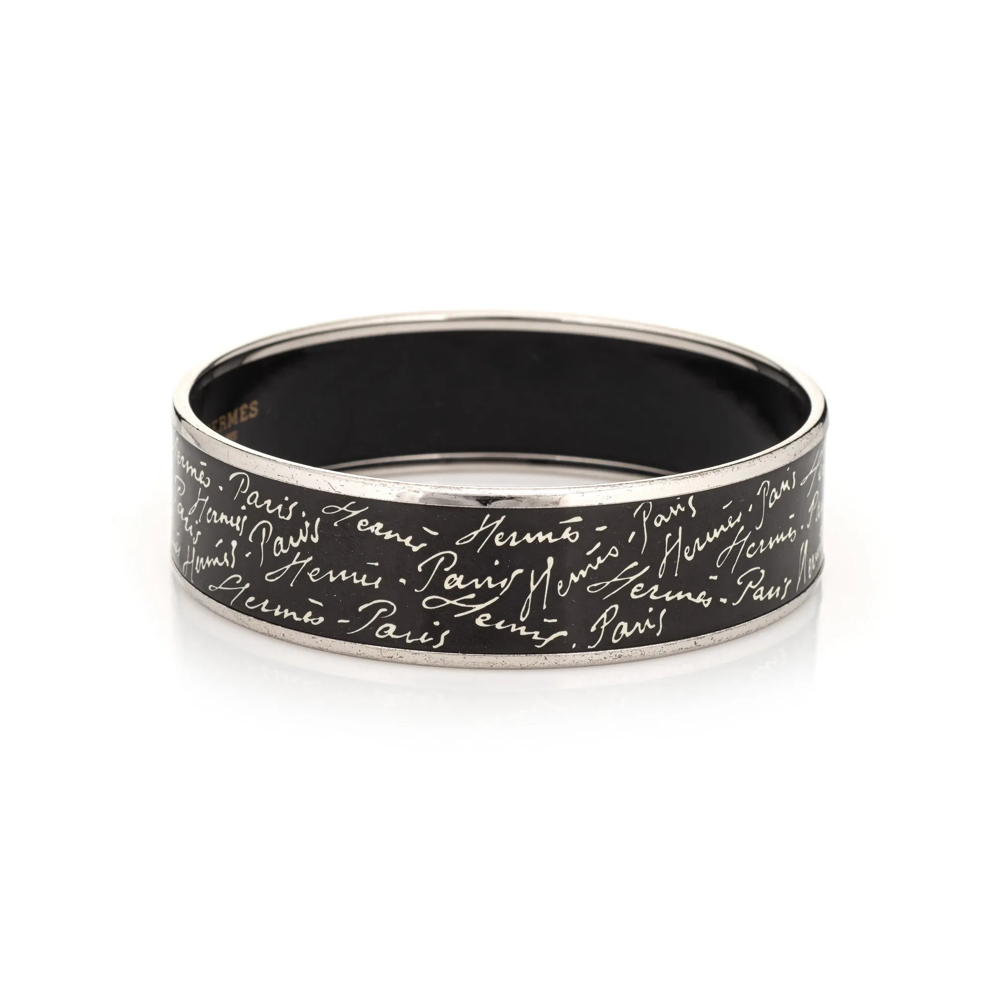 Hermes Enamel Bangle Bracelet Wide 65 PM Black White Script Paris