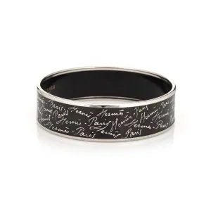 Hermes Enamel Bangle Bracelet Wide 65 PM Black White Script Paris