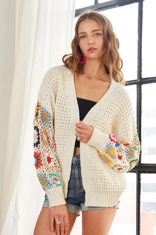 Ivory Contrast Crochet Open Front Long Sleeve Cardigan