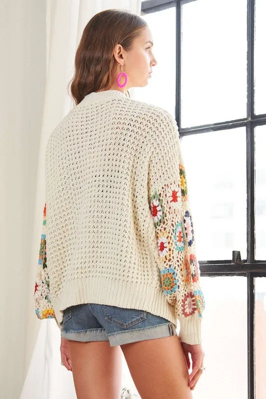 Ivory Contrast Crochet Open Front Long Sleeve Cardigan
