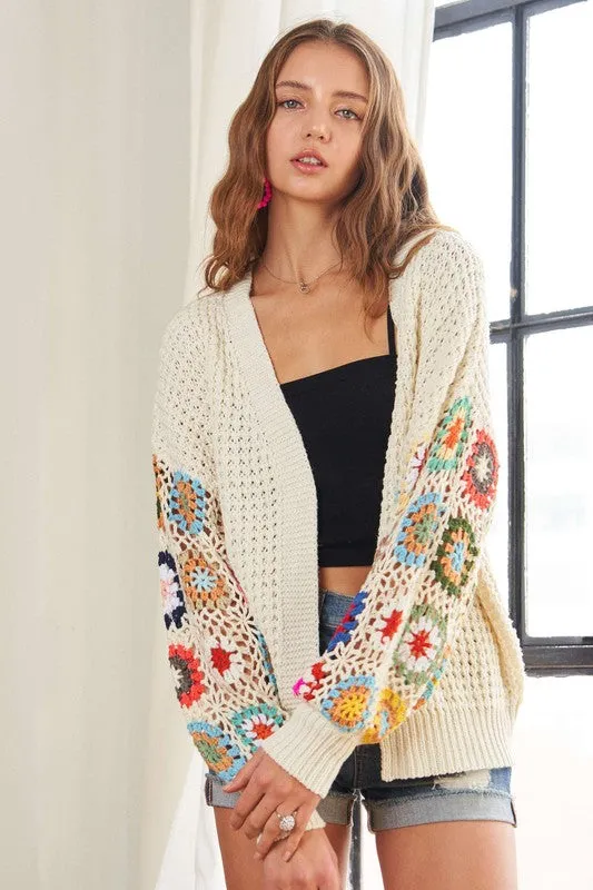 Ivory Contrast Crochet Open Front Long Sleeve Cardigan