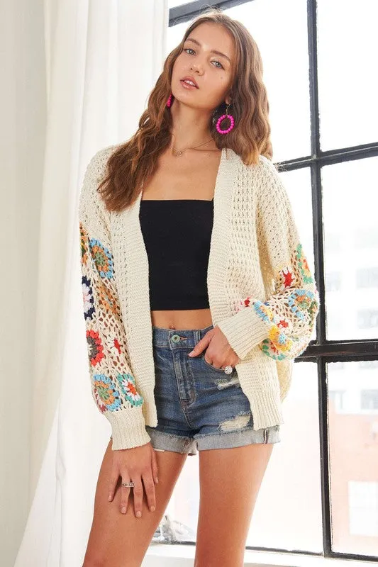 Ivory Contrast Crochet Open Front Long Sleeve Cardigan