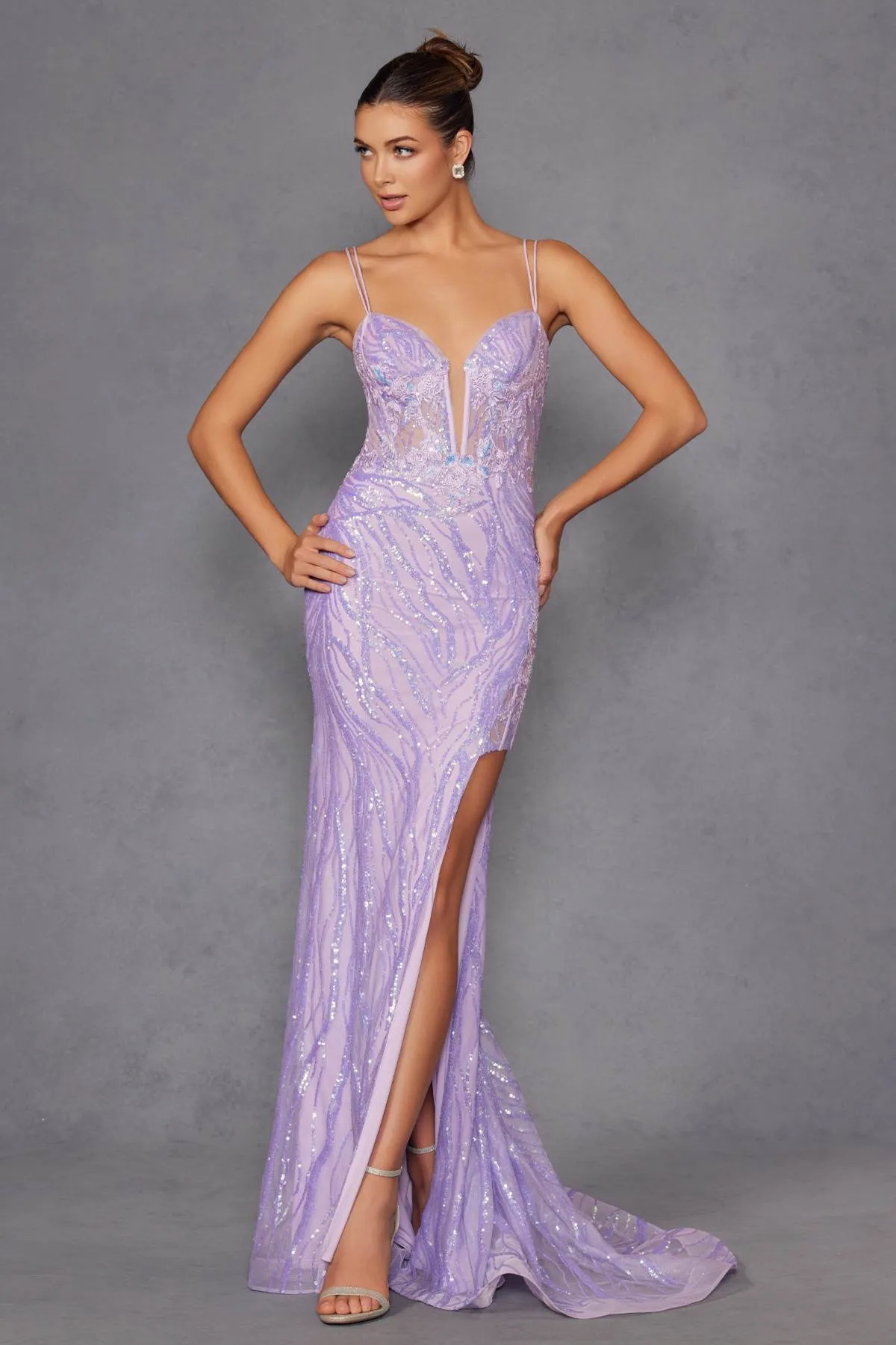Juliet JT2473R Long Fitted Sequin Lace Applique Boned Corset Gown