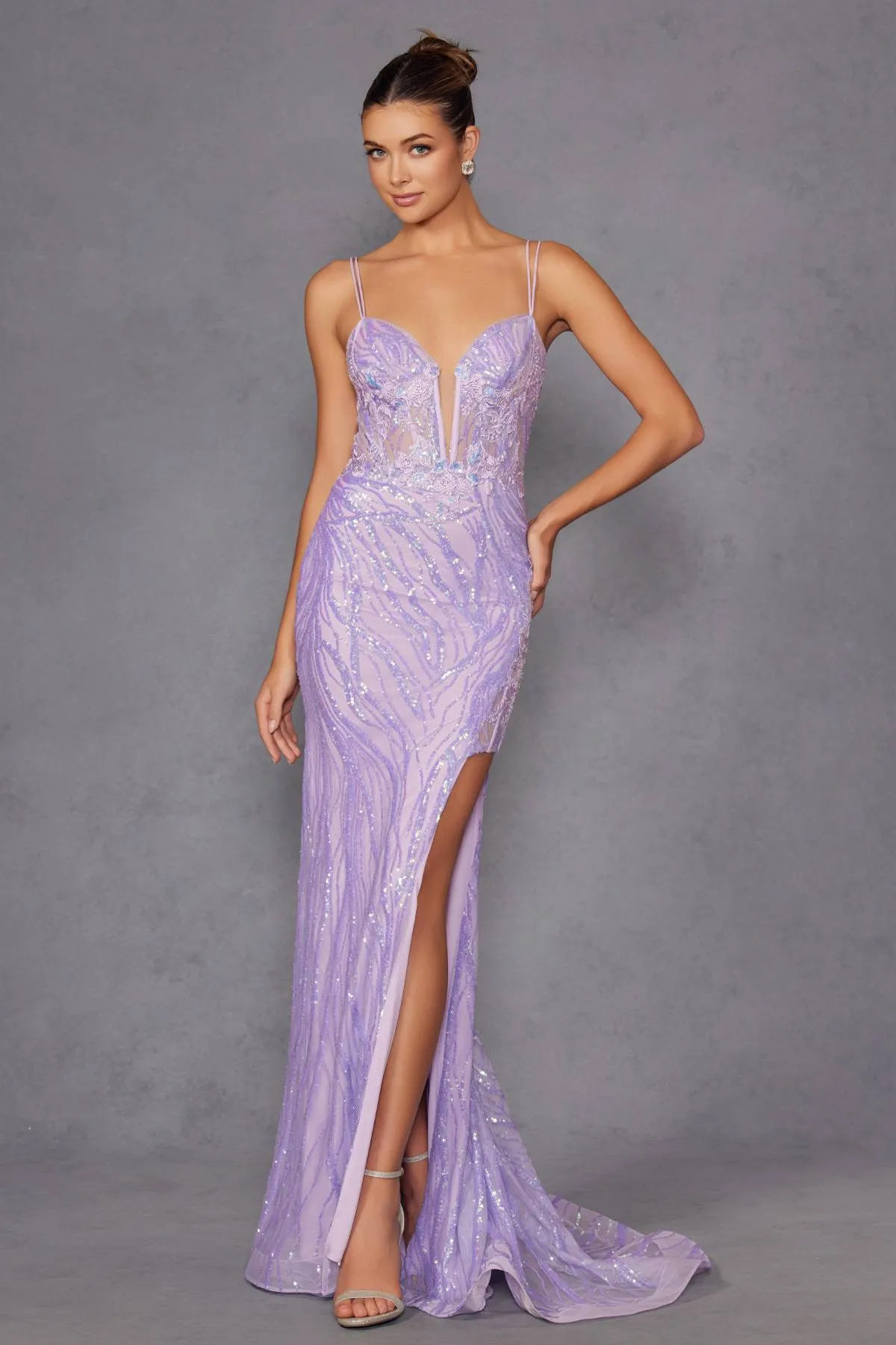 Juliet JT2473R Long Fitted Sequin Lace Applique Boned Corset Gown