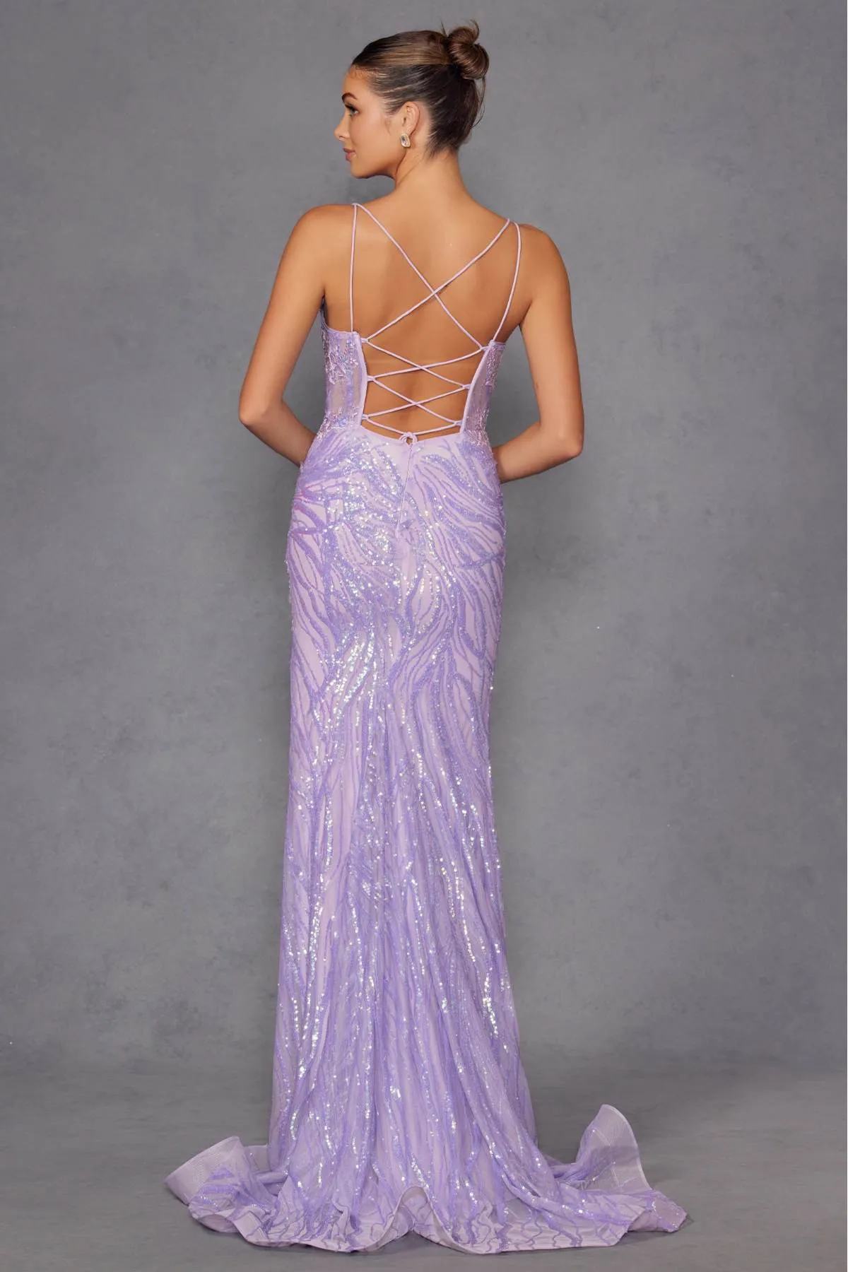 Juliet JT2473R Long Fitted Sequin Lace Applique Boned Corset Gown