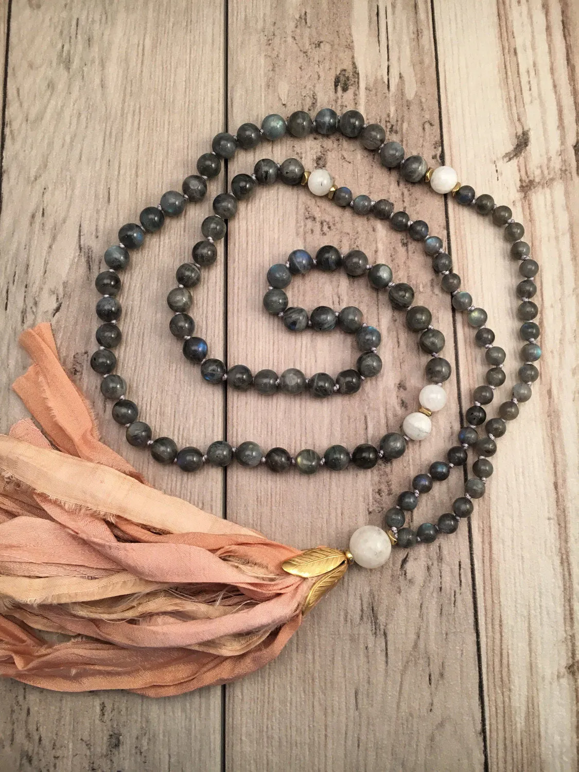 Labradorite and Moonstone Sari Silk Tassel Mala Bead Necklace