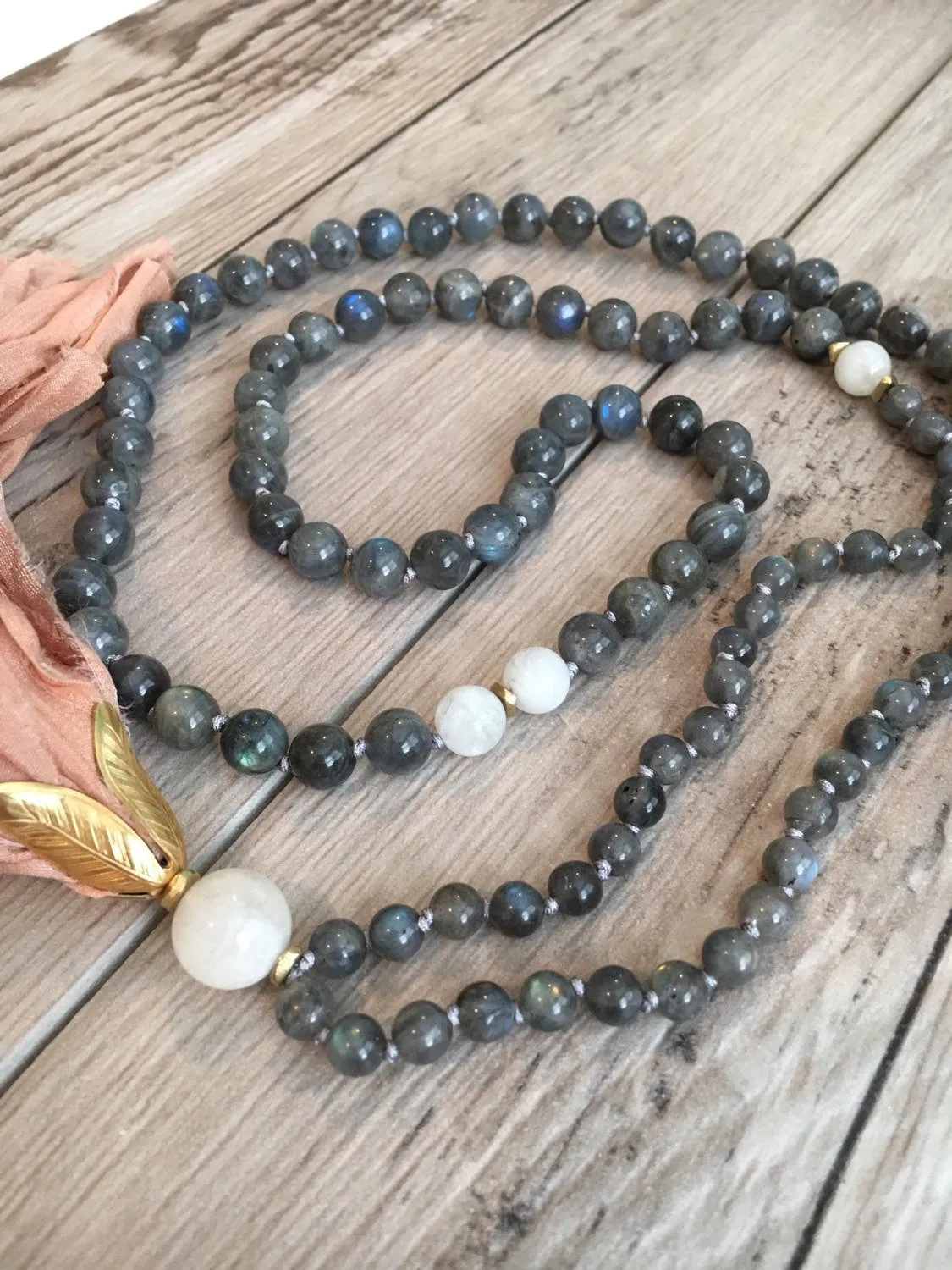 Labradorite and Moonstone Sari Silk Tassel Mala Bead Necklace