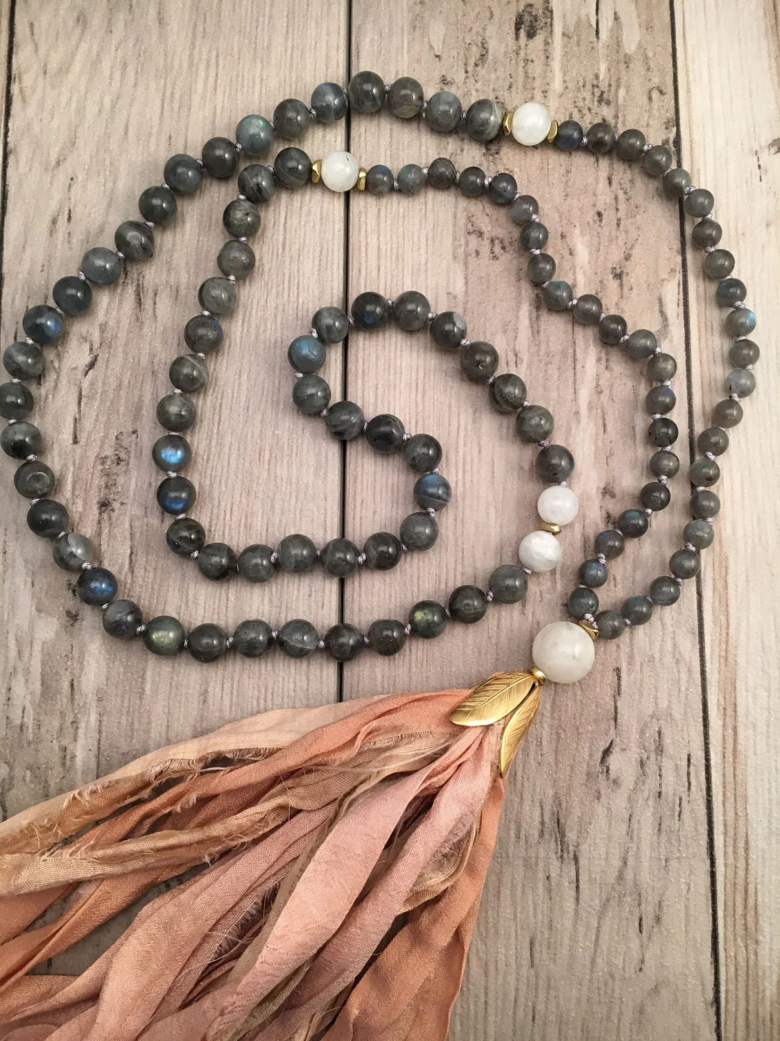 Labradorite and Moonstone Sari Silk Tassel Mala Bead Necklace