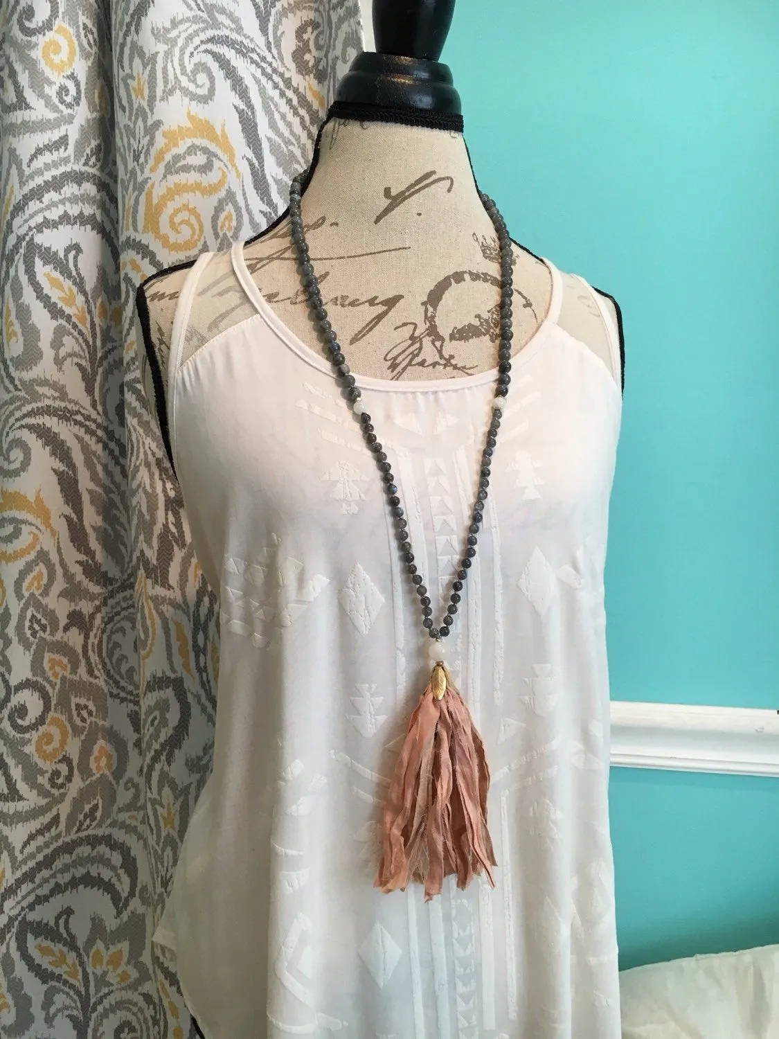 Labradorite and Moonstone Sari Silk Tassel Mala Bead Necklace